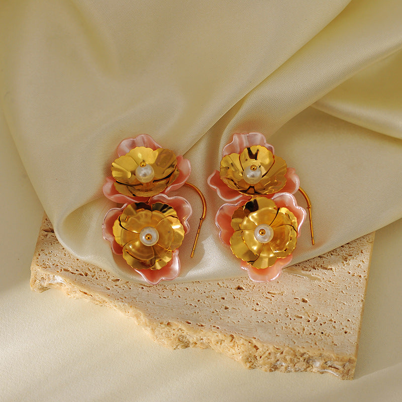 Prime bloom style pink petal pearl flower earrings  jlt13184