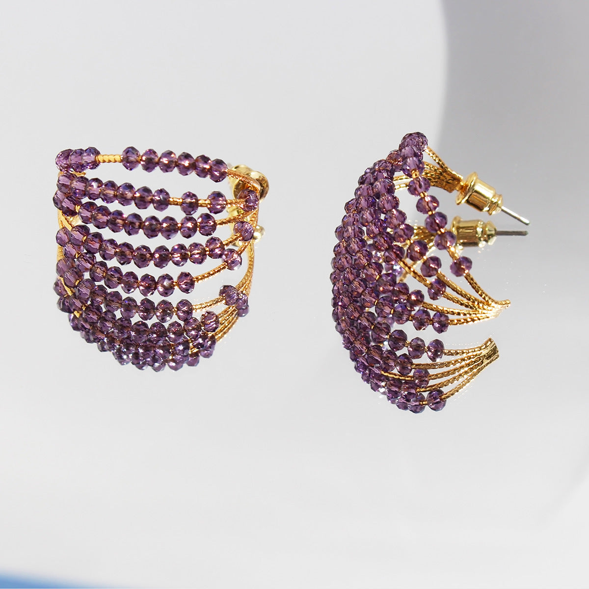 beaded purple crysta multi-layer C-shaped earrings jlt13254