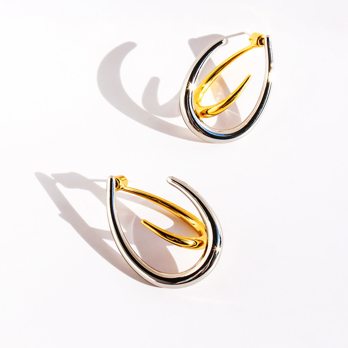two-wear gold and silver contrast hook geometric earrings  jlt13255