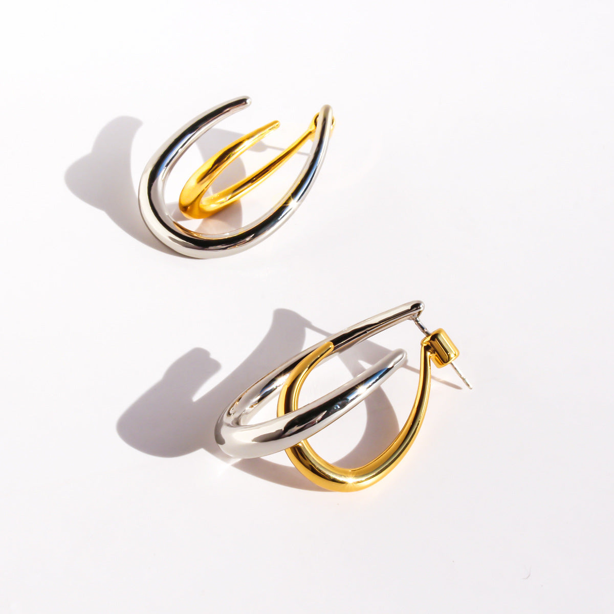 two-wear gold and silver contrast hook geometric earrings  jlt13255