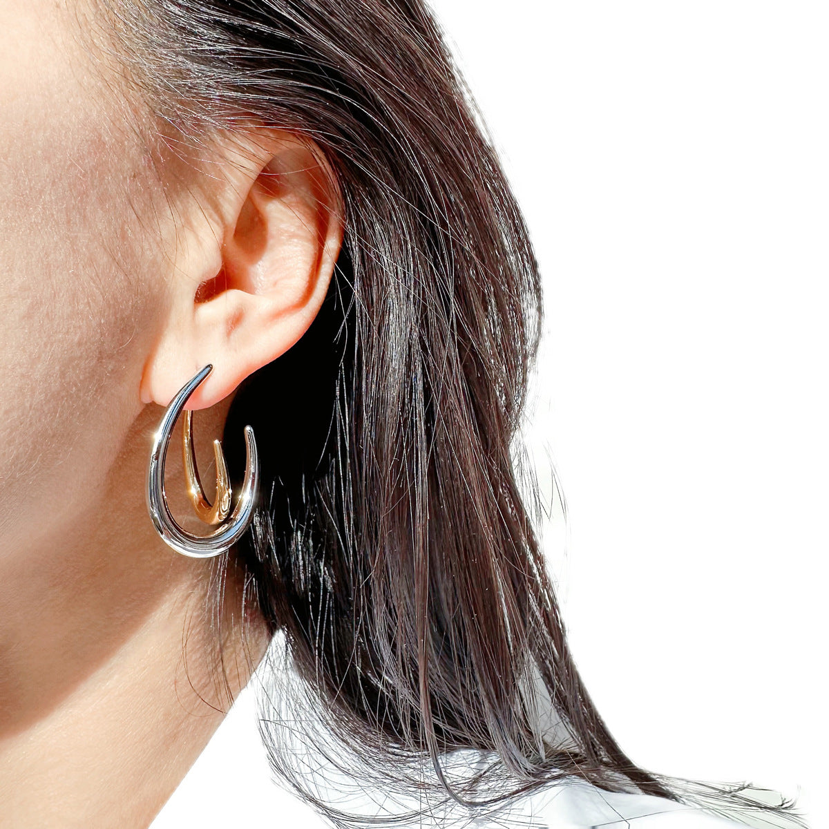 two-wear gold and silver contrast hook geometric earrings  jlt13255