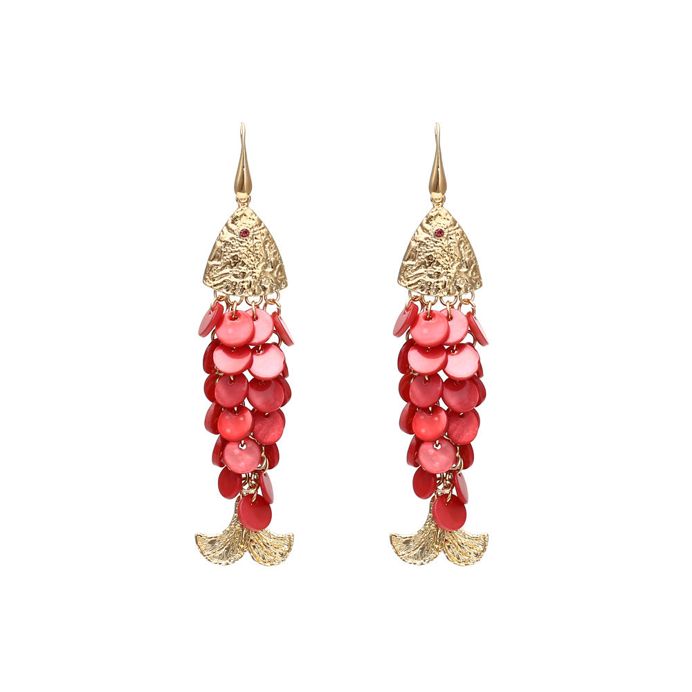 style pure hand-woven shell tassel earrings retro fish earrings jlt13264