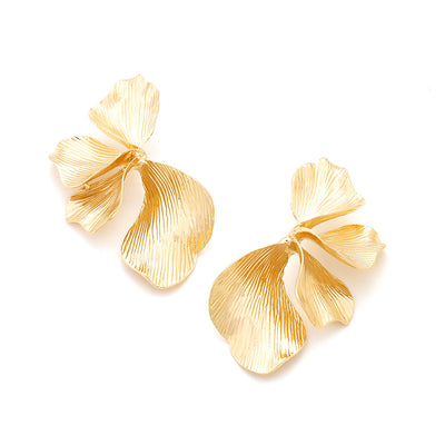 retro light luxury style metal texture leaf earrings exaggerated advanced multi-layer golden flower leaf earrings jlt13277