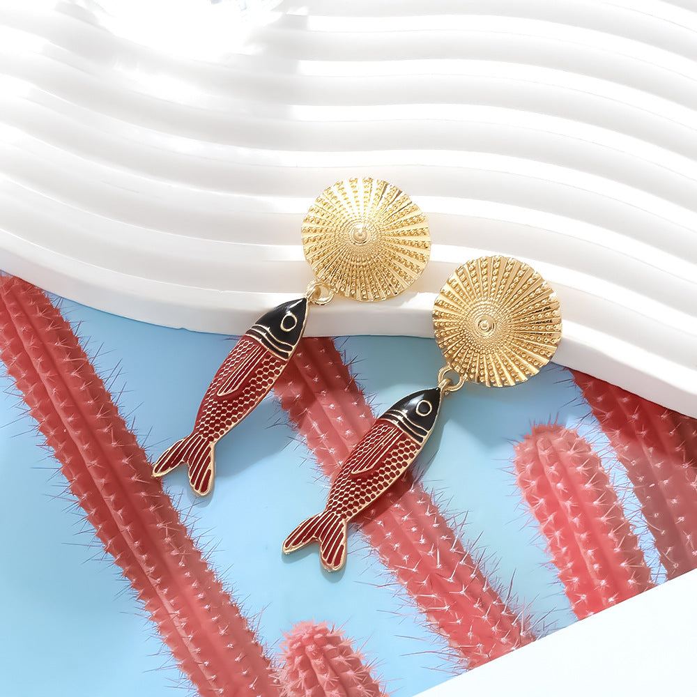 alloy splicing oil drop ocean fish pendant earrings exaggerated medieval enamel Fish earrings jlt13285