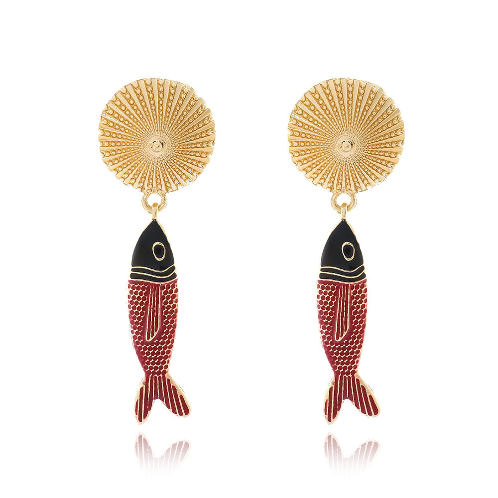 alloy splicing oil drop ocean fish pendant earrings exaggerated medieval enamel Fish earrings jlt13285