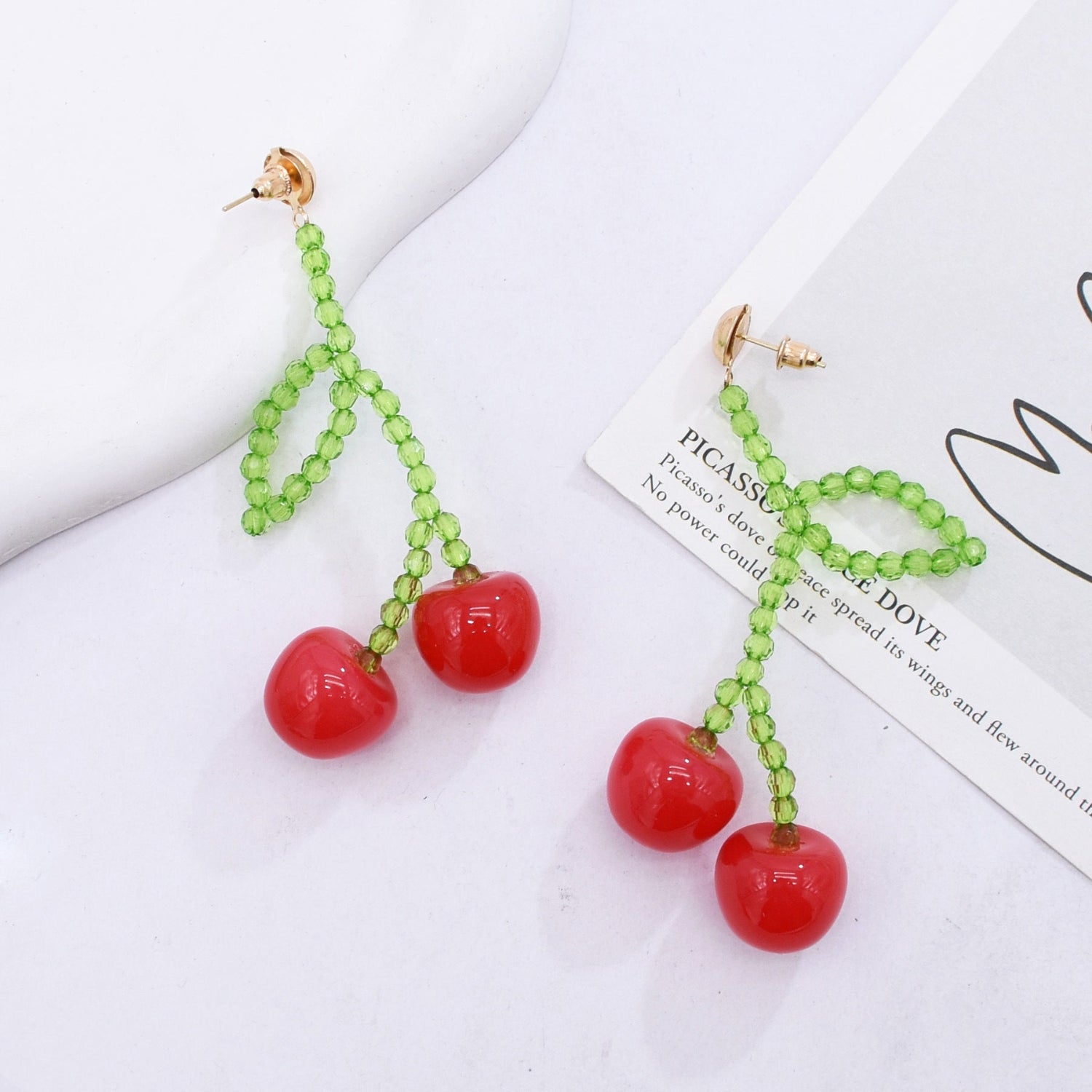 Red Cherry Drop with Tiny Beaded Stem Earrings jlt13288