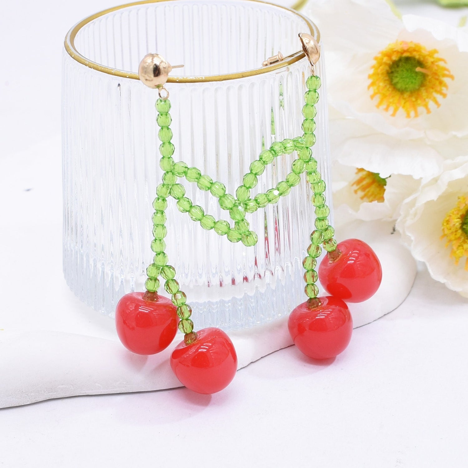 Red Cherry Drop with Tiny Beaded Stem Earrings jlt13288
