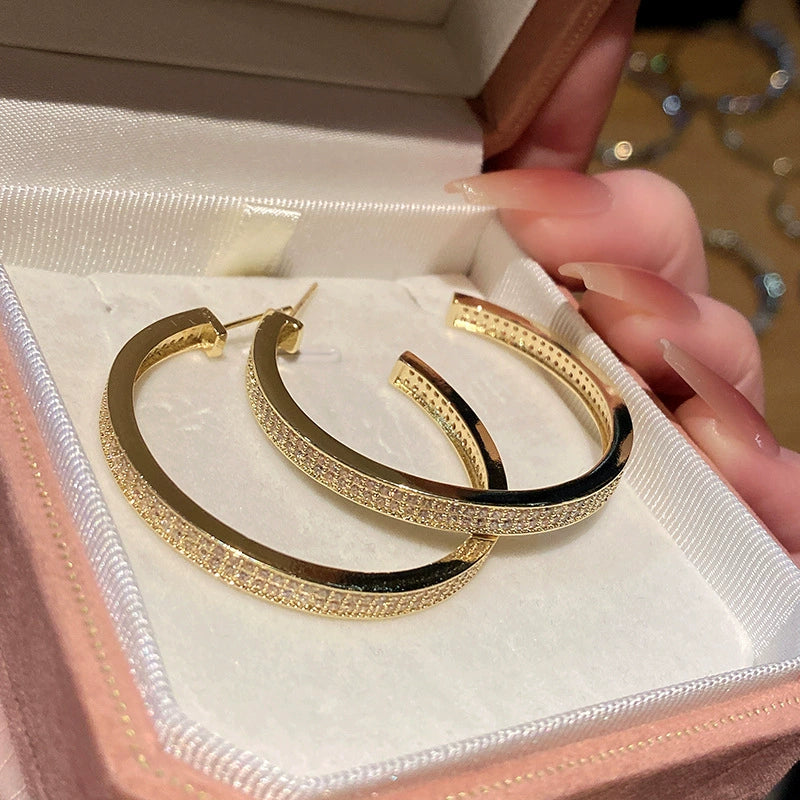 Just Lil Things Sleek Metallic Half Hoop Earrings – Wide-Band Design with Pavé Crystal Accents jlt13302