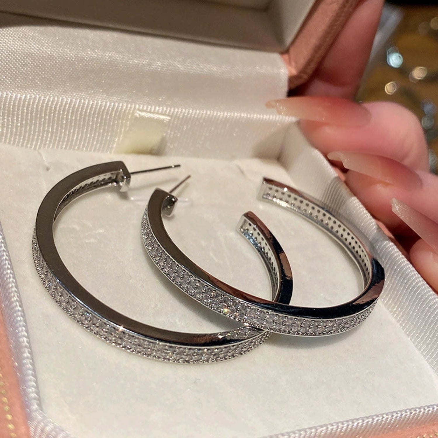 Just Lil Things Sleek Metallic Half Hoop Earrings – Wide-Band Design with Pavé Crystal Accents jlt13303
