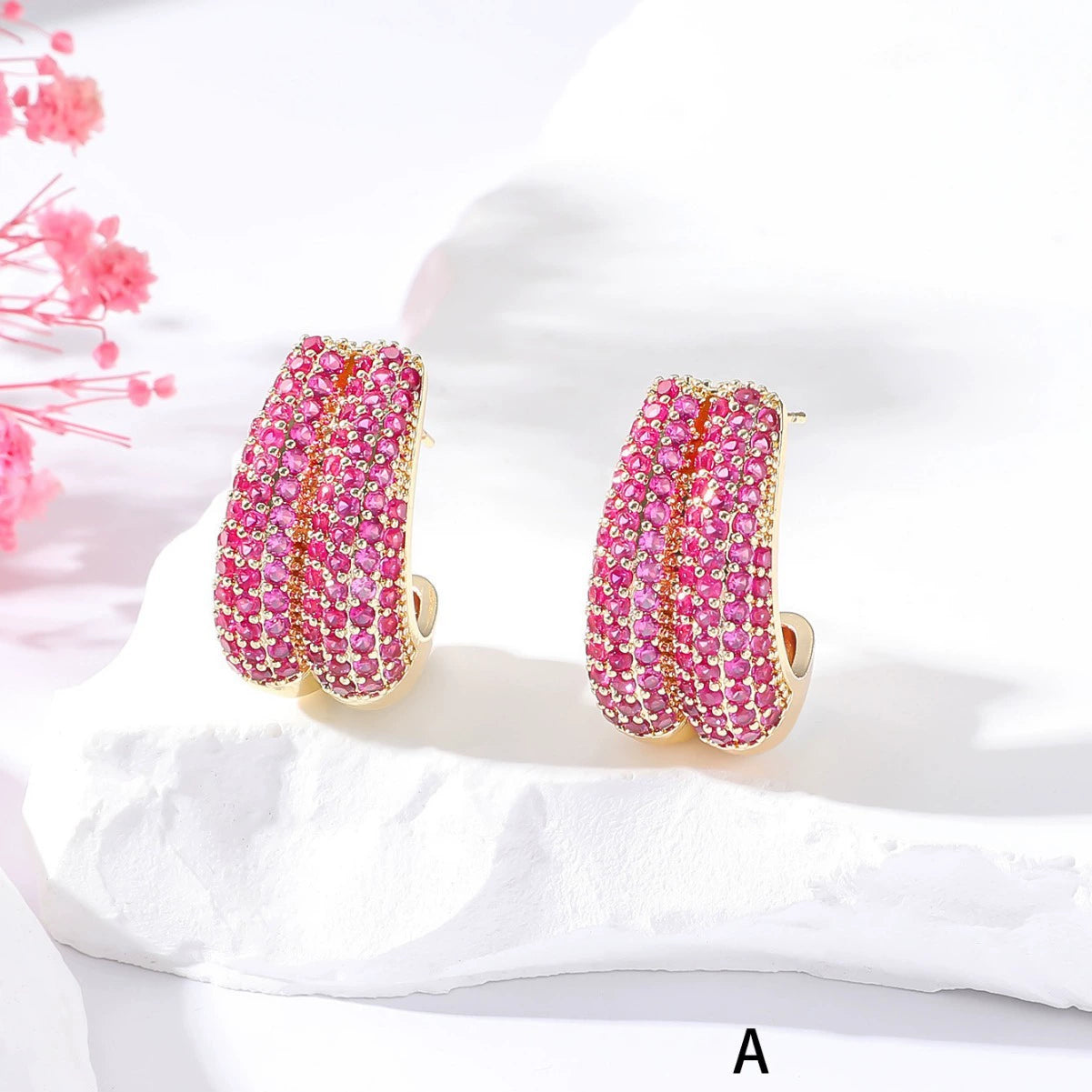 Just Lil Things Emerald Pink Pavé Huggie Earrings – Triple Row Dome Design with Bold Sparkle jlt13305