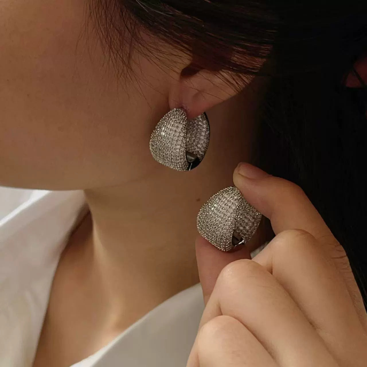 Just Lil Things Chunky Pavé Huggie Earrings – Dome-Shaped Design with Full Crystal Embellishment jlt13308
