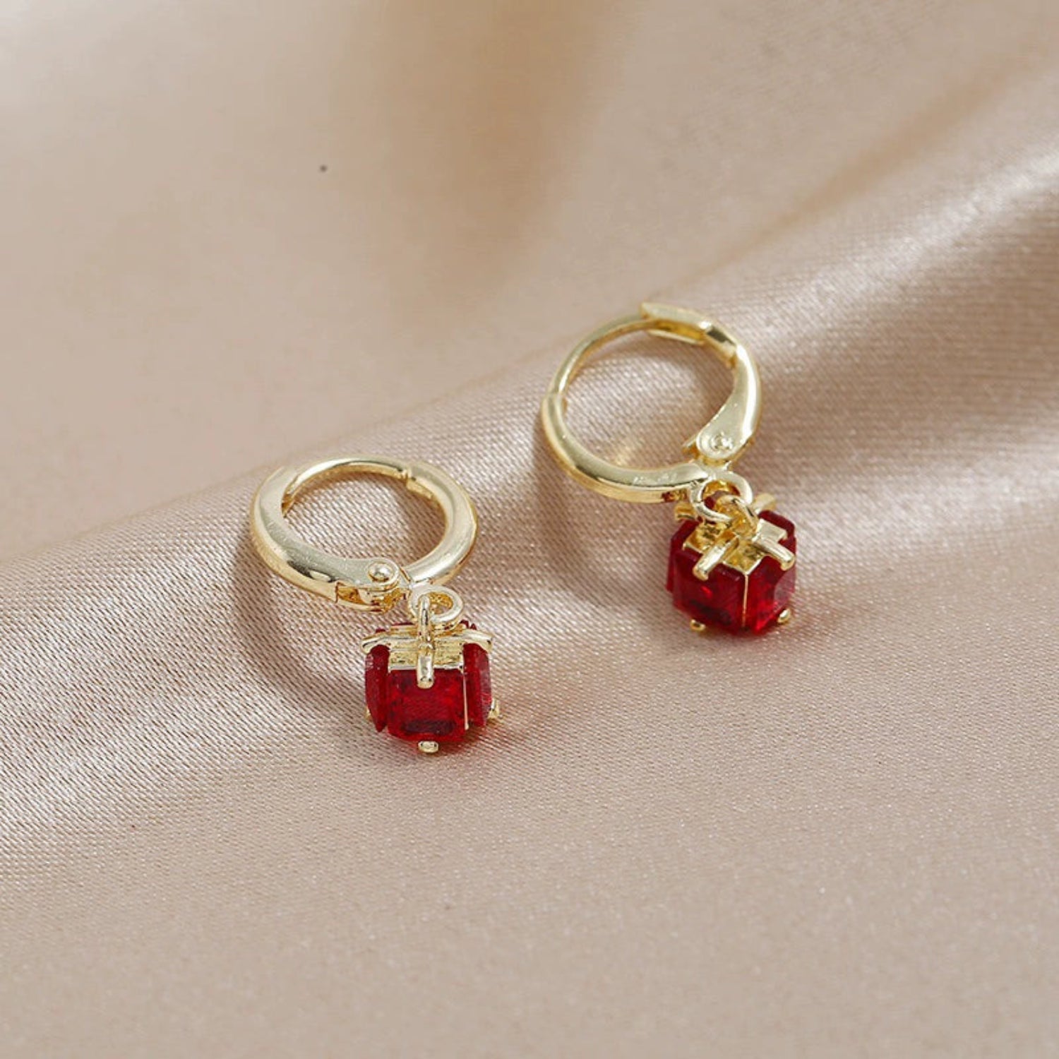 Just Lil Things Radiant Red Charm Huggie Earrings – Cube Drop Design with Minimal Hoop jlt13310