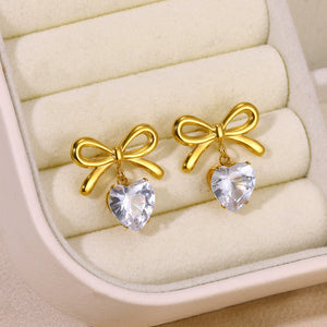 Just Lil Things Golden Bow & Heart Crystal Drop Earrings – Feminine Chic Design jlt13312