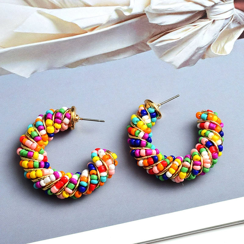 Just Lil Things Rainbow Beaded Half Hoop Earrings with Twisted Multicolor Design jlt13332