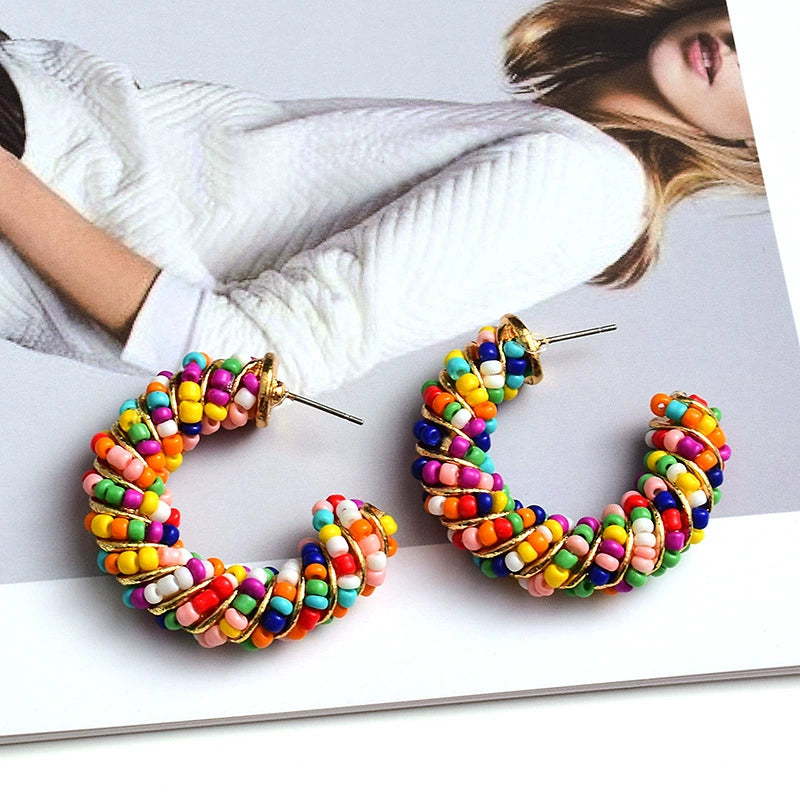 Just Lil Things Rainbow Beaded Half Hoop Earrings with Twisted Multicolor Design jlt13332
