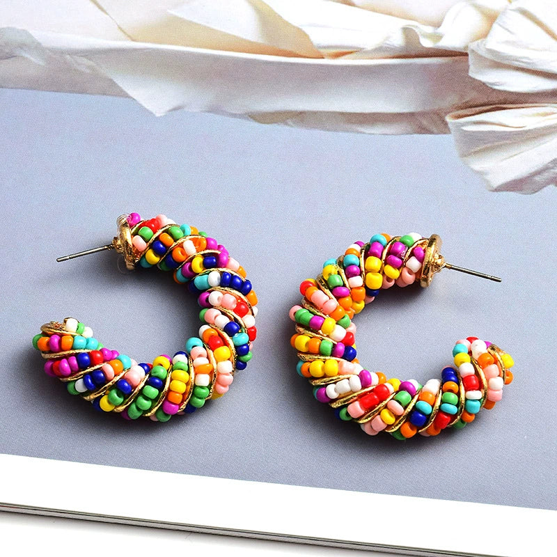Just Lil Things Rainbow Beaded Half Hoop Earrings with Twisted Multicolor Design jlt13332
