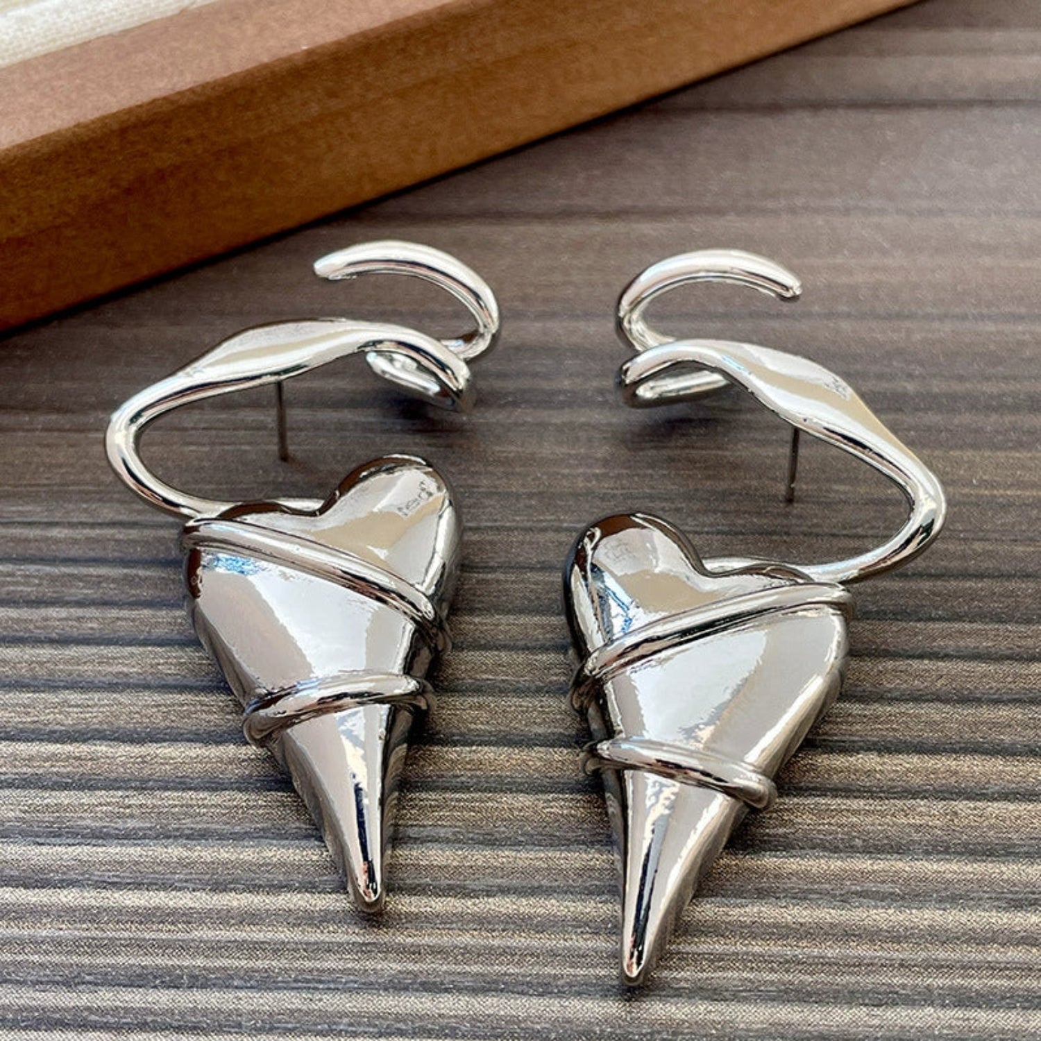 Just Lil Things Silver Sculpted Heart Wrap Earrings – Bold Curved Artistic Design jlt13336
