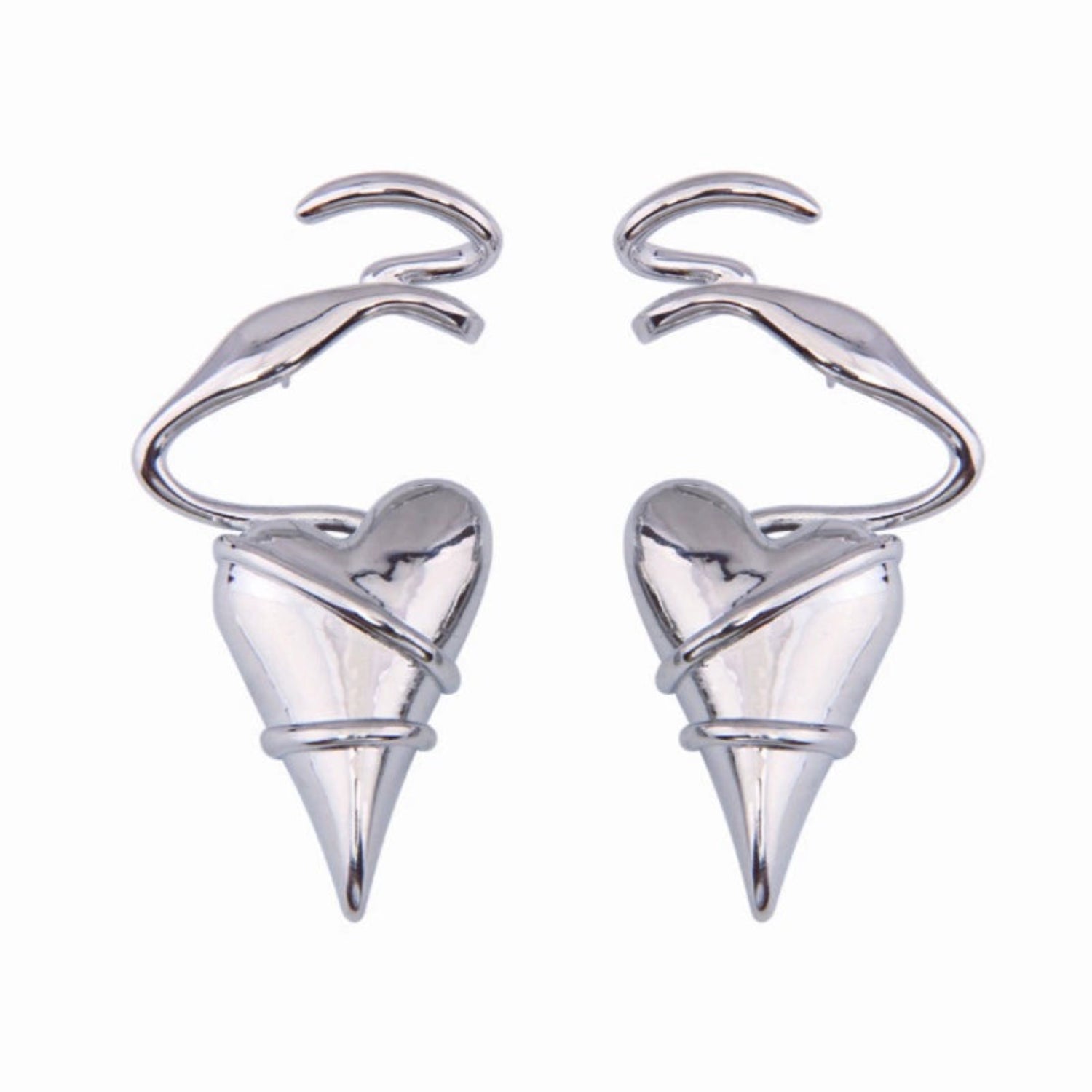 Just Lil Things Silver Sculpted Heart Wrap Earrings – Bold Curved Artistic Design jlt13336