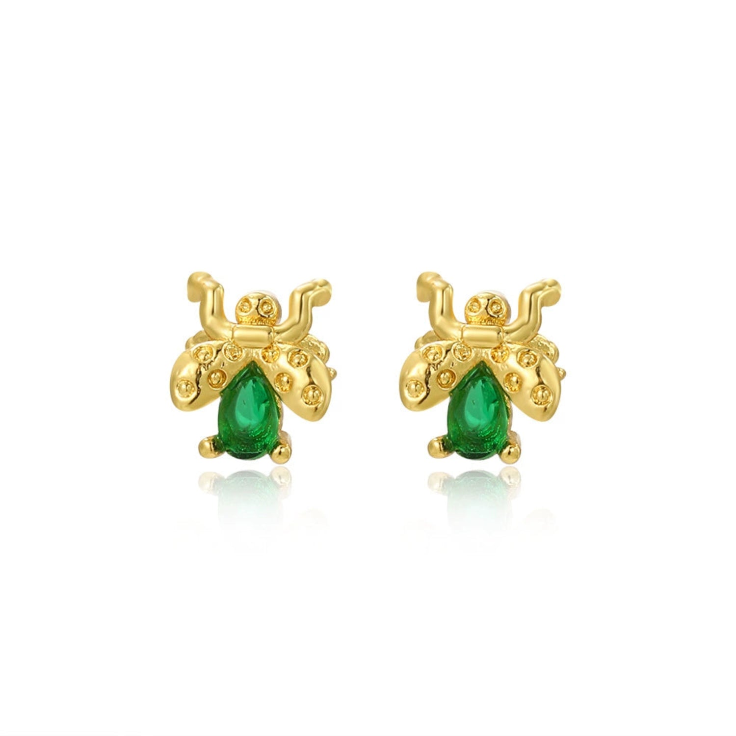 Just Lil Things Golden Beetle Stud Earrings with Green Teardrop Gemstone jlt13337