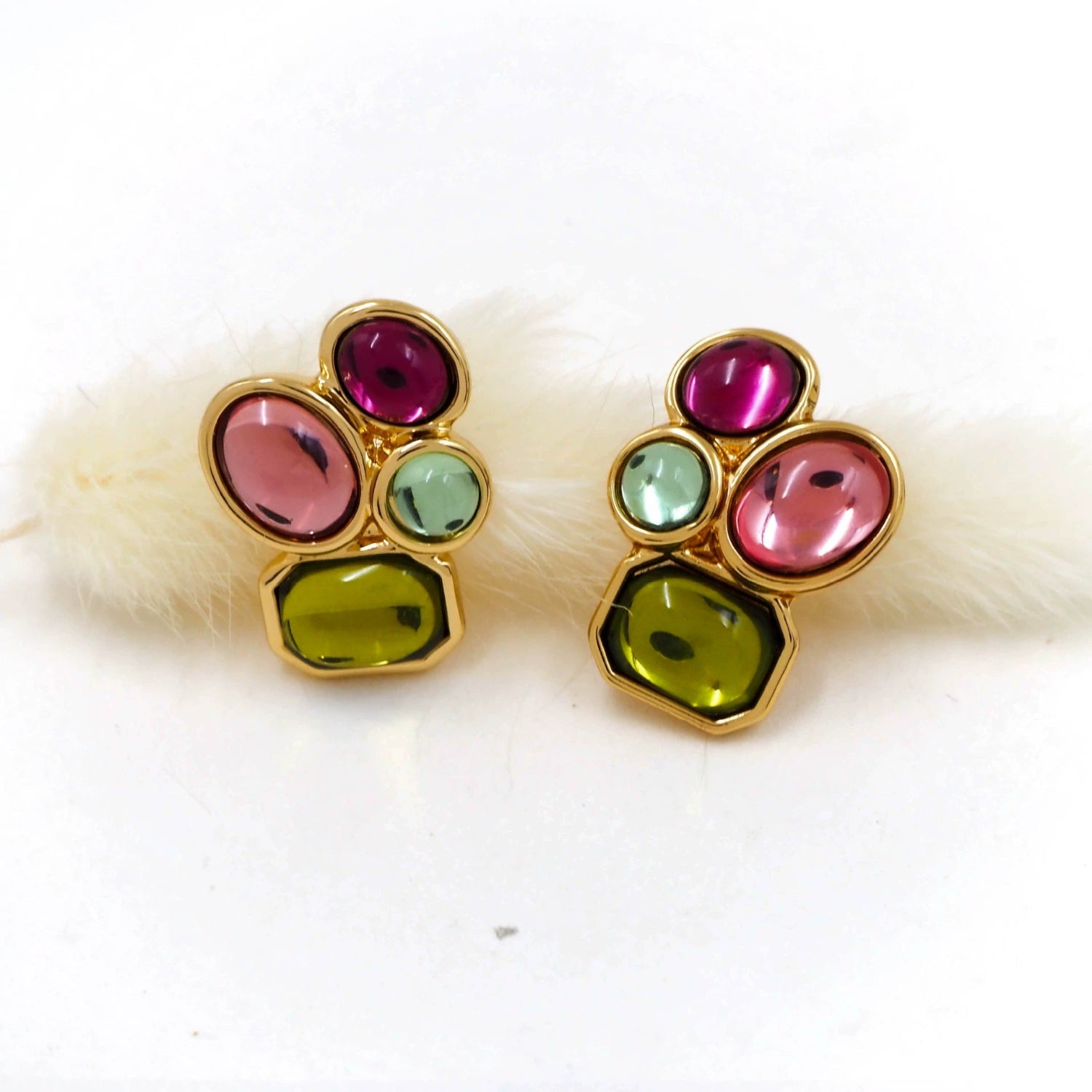 Just Lil Things Multicolor Stud Earrings – Pink, Green & Aqua Cabochon Design jlt13338