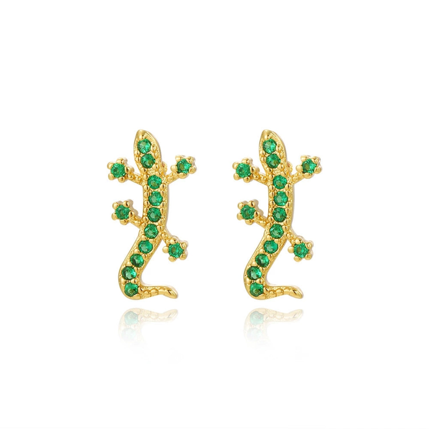Just Lil Things Golden Gecko Stud Earrings with Green Crystal Detailing jlt13339