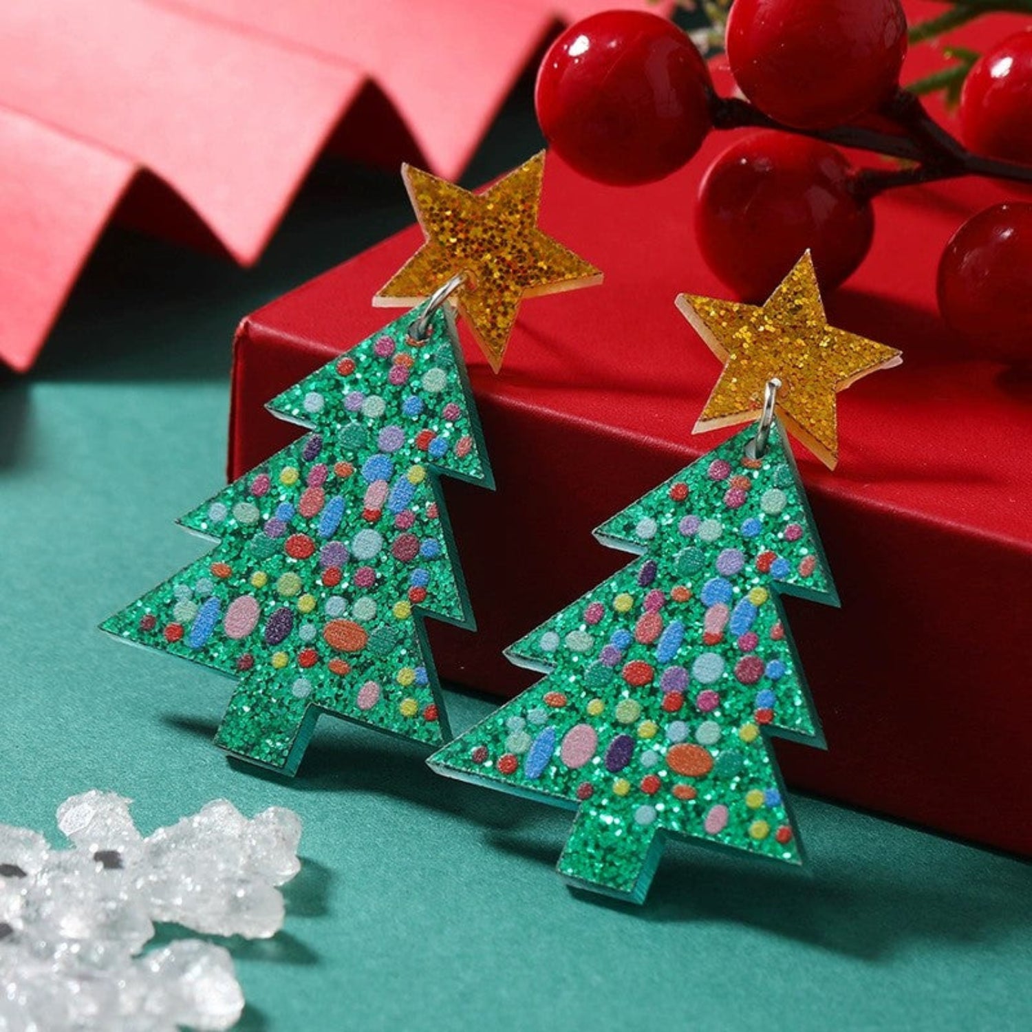 Just Lil Things Christmas Tree Earrings with Golden Star Top jlt13347