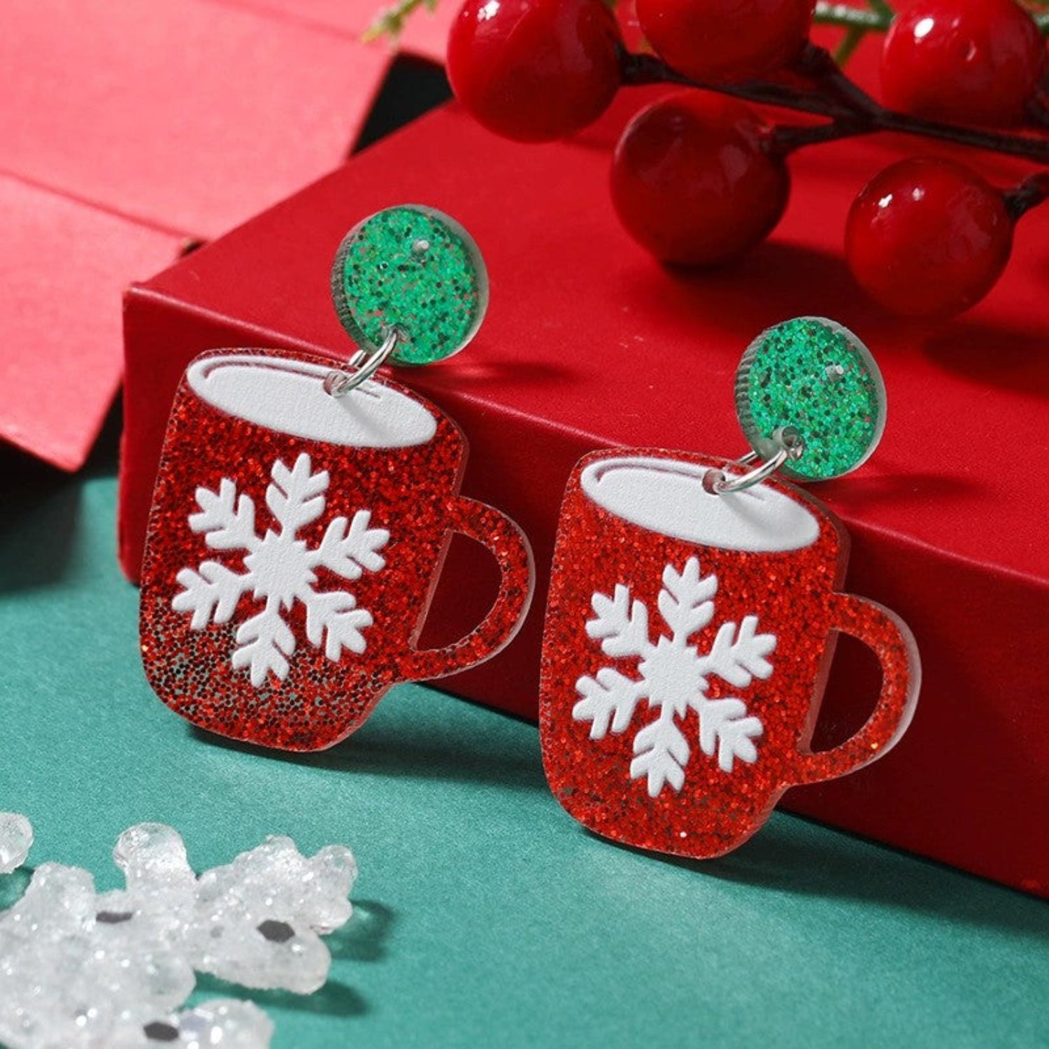 Just Lil Things Christmas Coffee Cup Earrings with Snowflake Design jlt13348