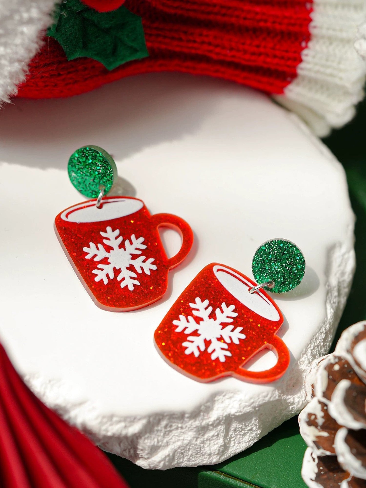Just Lil Things Christmas Coffee Cup Earrings with Snowflake Design jlt13348