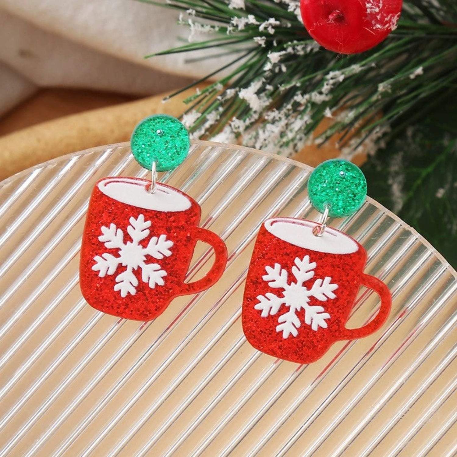 Just Lil Things Christmas Coffee Cup Earrings with Snowflake Design jlt13348