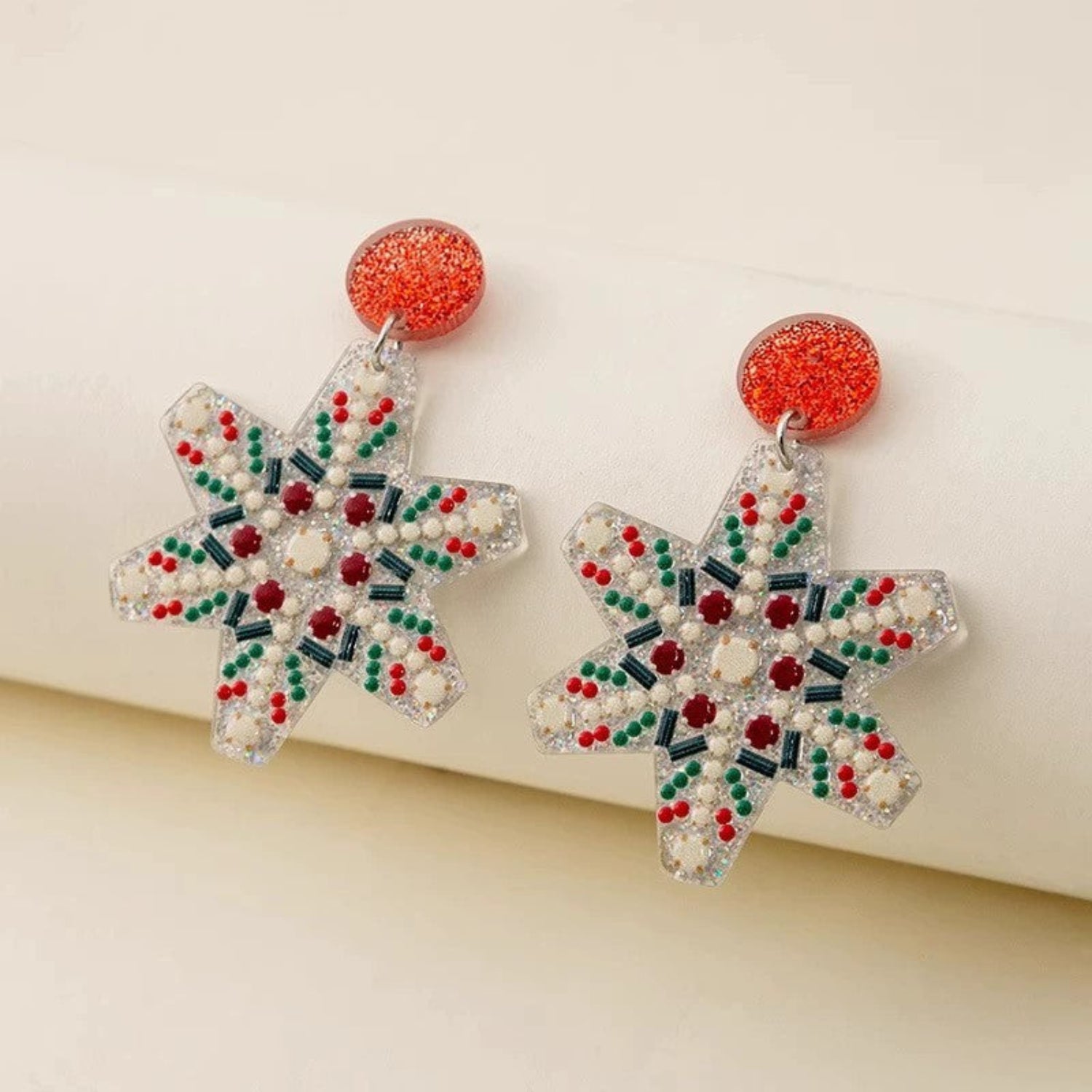 Just Lil Things Beaded Snowflake Earrings with Red Glitter Studs jlt13349