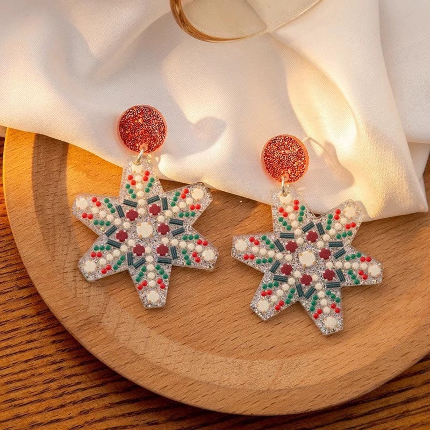 Just Lil Things Beaded Snowflake Earrings with Red Glitter Studs jlt13349