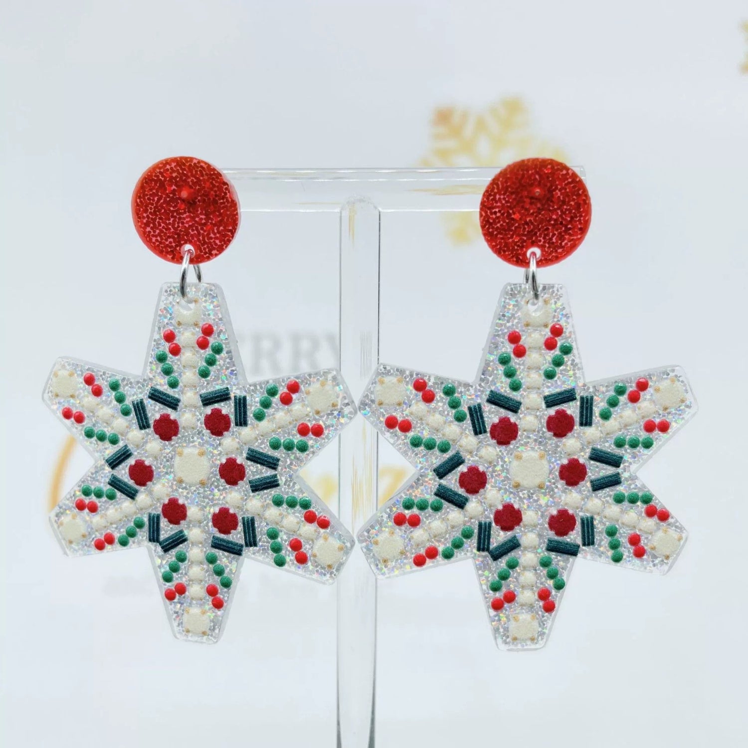 Just Lil Things Beaded Snowflake Earrings with Red Glitter Studs jlt13349