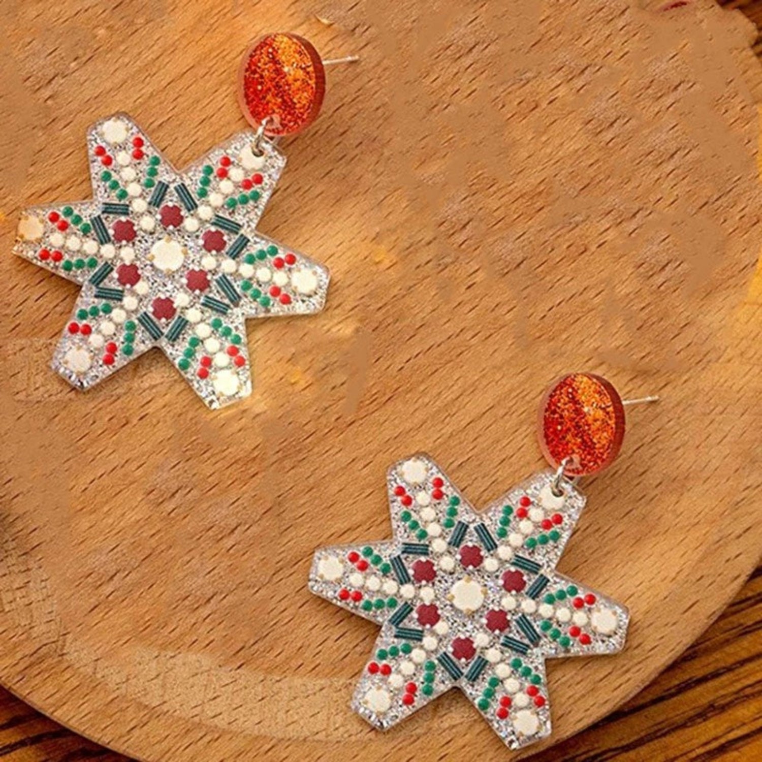 Just Lil Things Beaded Snowflake Earrings with Red Glitter Studs jlt13349