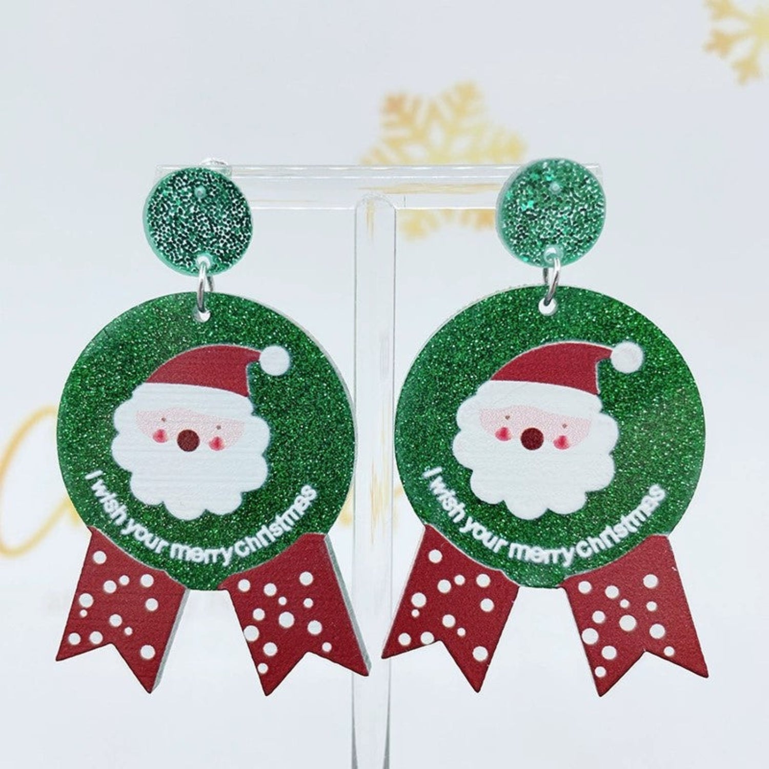 Just Lil Things Santa Badge Earrings with Green Glitter Finish jlt13351