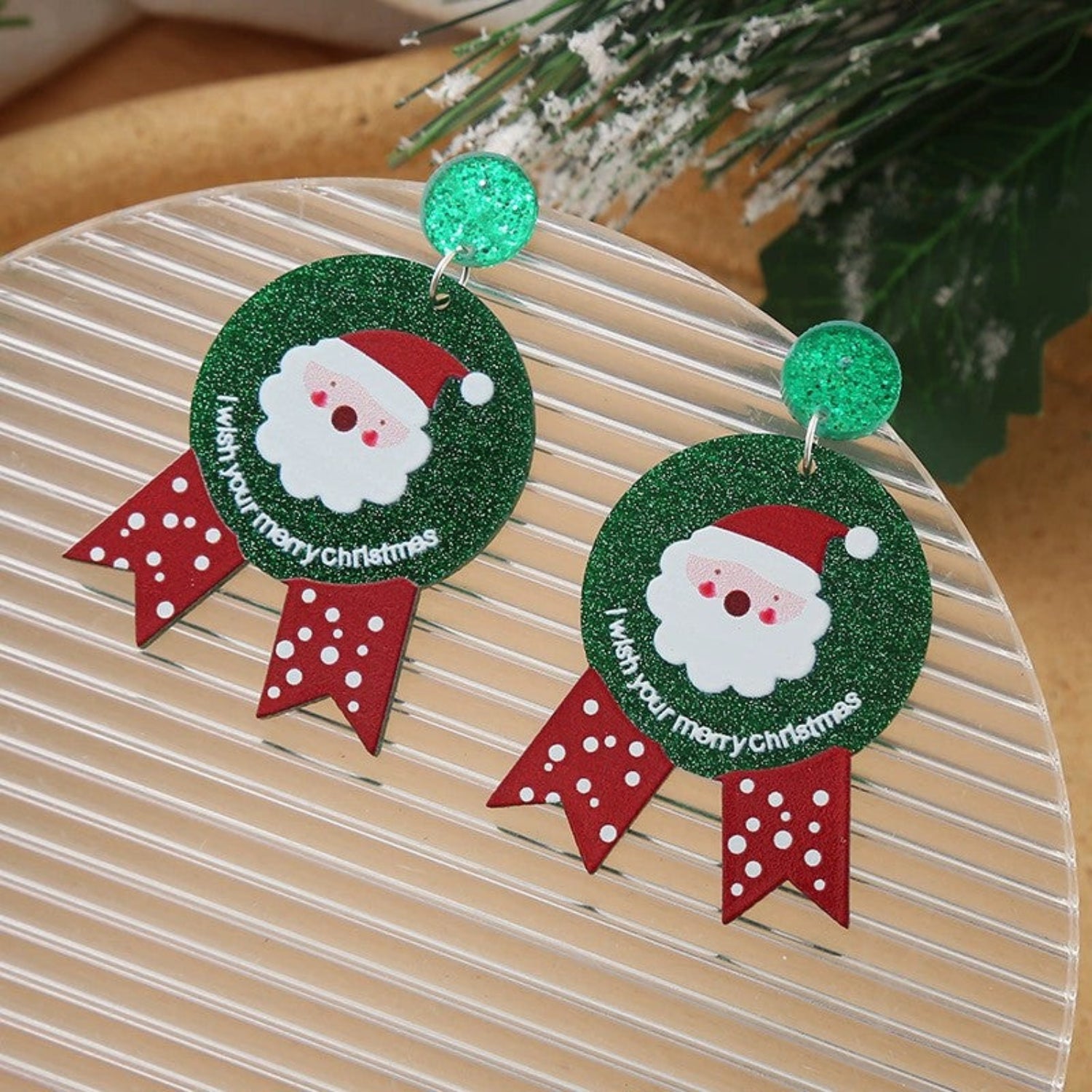 Just Lil Things Santa Badge Earrings with Green Glitter Finish jlt13351