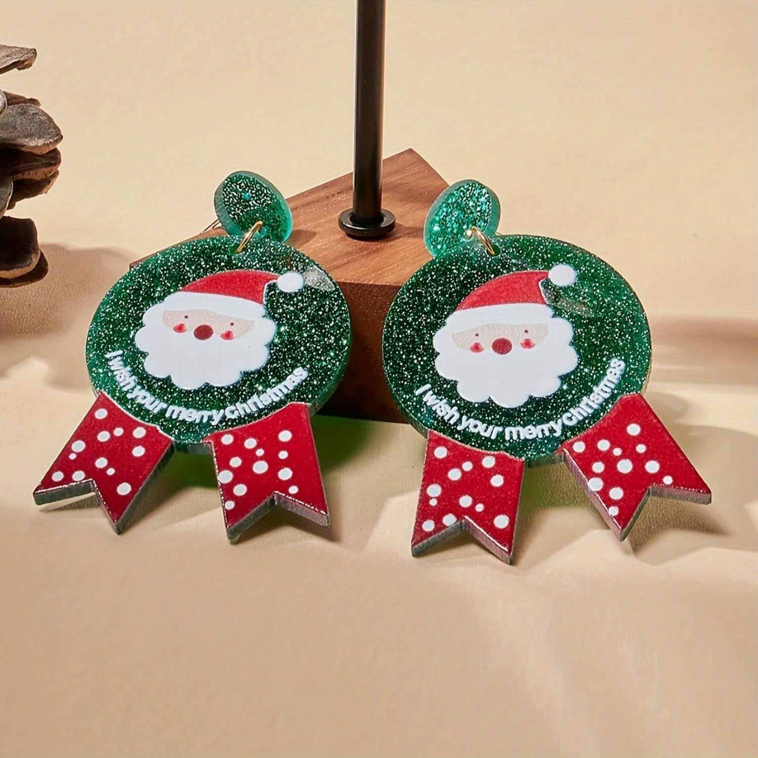 Just Lil Things Santa Badge Earrings with Green Glitter Finish jlt13351