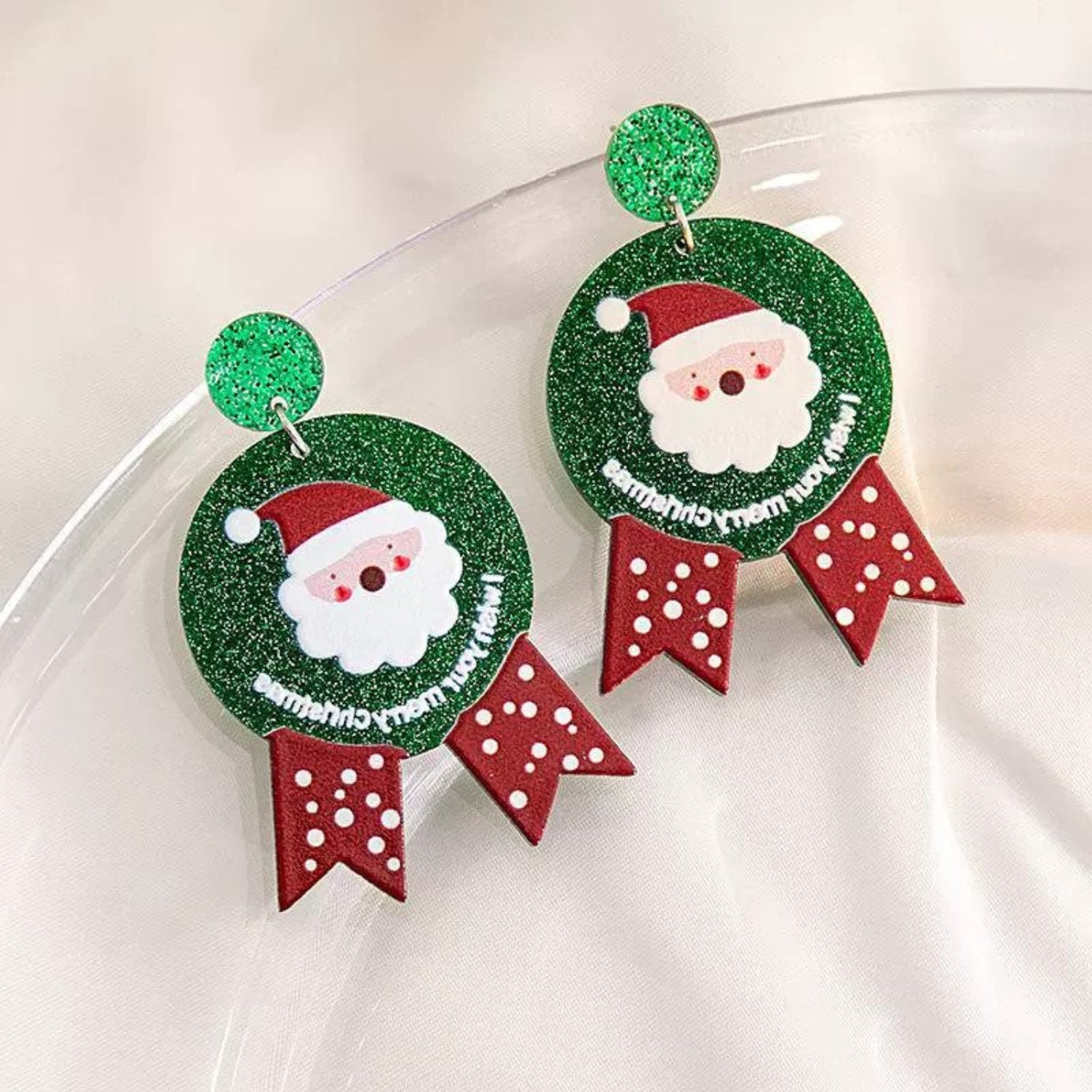 Just Lil Things Santa Badge Earrings with Green Glitter Finish jlt13351