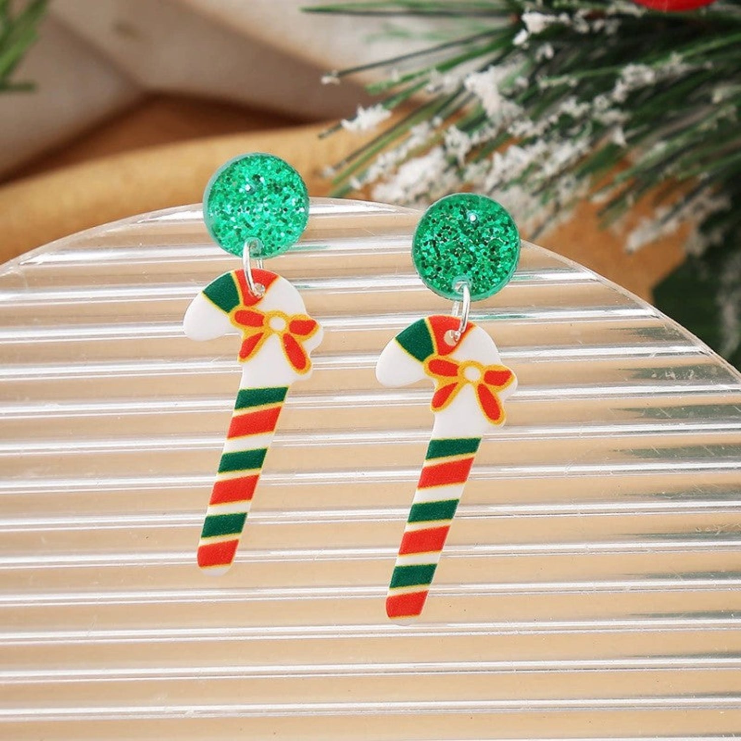 Just Lil Things Candy Cane Earrings with Green Glitter Studs jlt13354