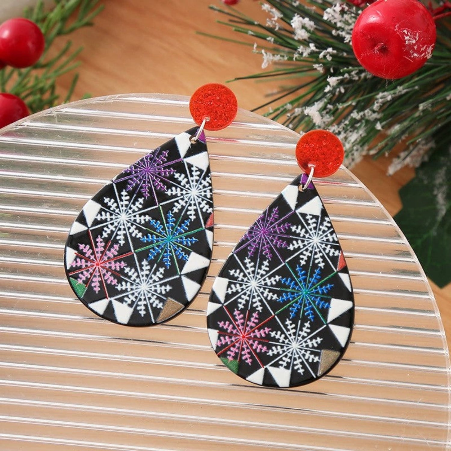 Just Lil Things Black Teardrop Snowflake Earrings with Red Glitter Studs jlt13355