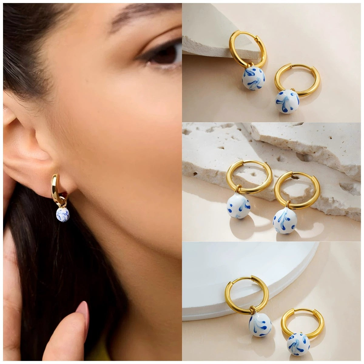 Blue Porcelain Drop Hoop Earrings JLT13398