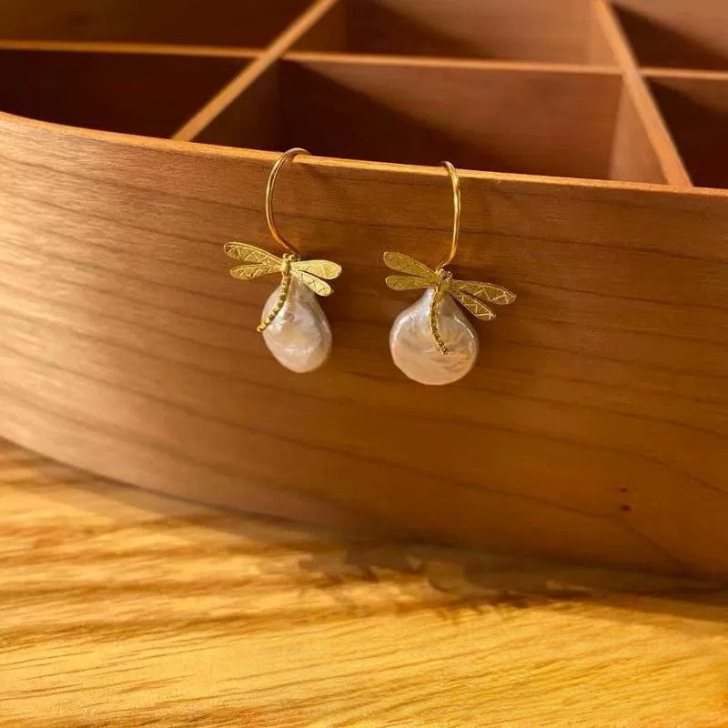Golden Dragonfly Pearl Drop Earrings JLT13426