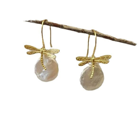 Golden Dragonfly Pearl Drop Earrings JLT13426