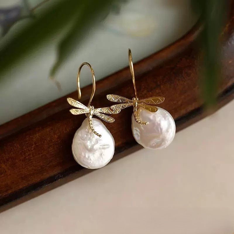 Golden Dragonfly Pearl Drop Earrings JLT13426