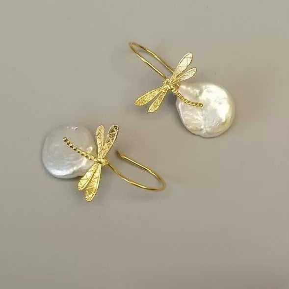 Golden Dragonfly Pearl Drop Earrings JLT13426