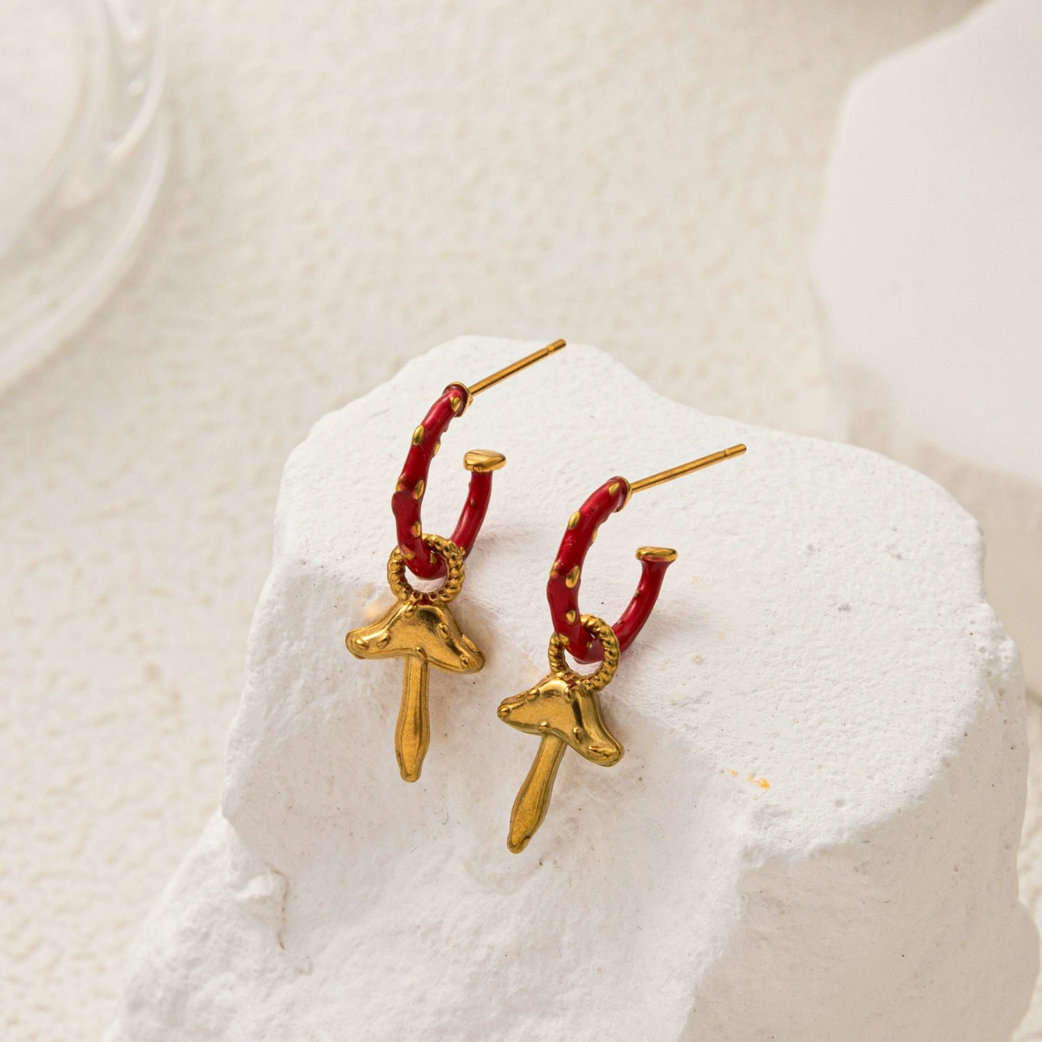 Red Enamel Mushroom Hoop Drops JLT13493