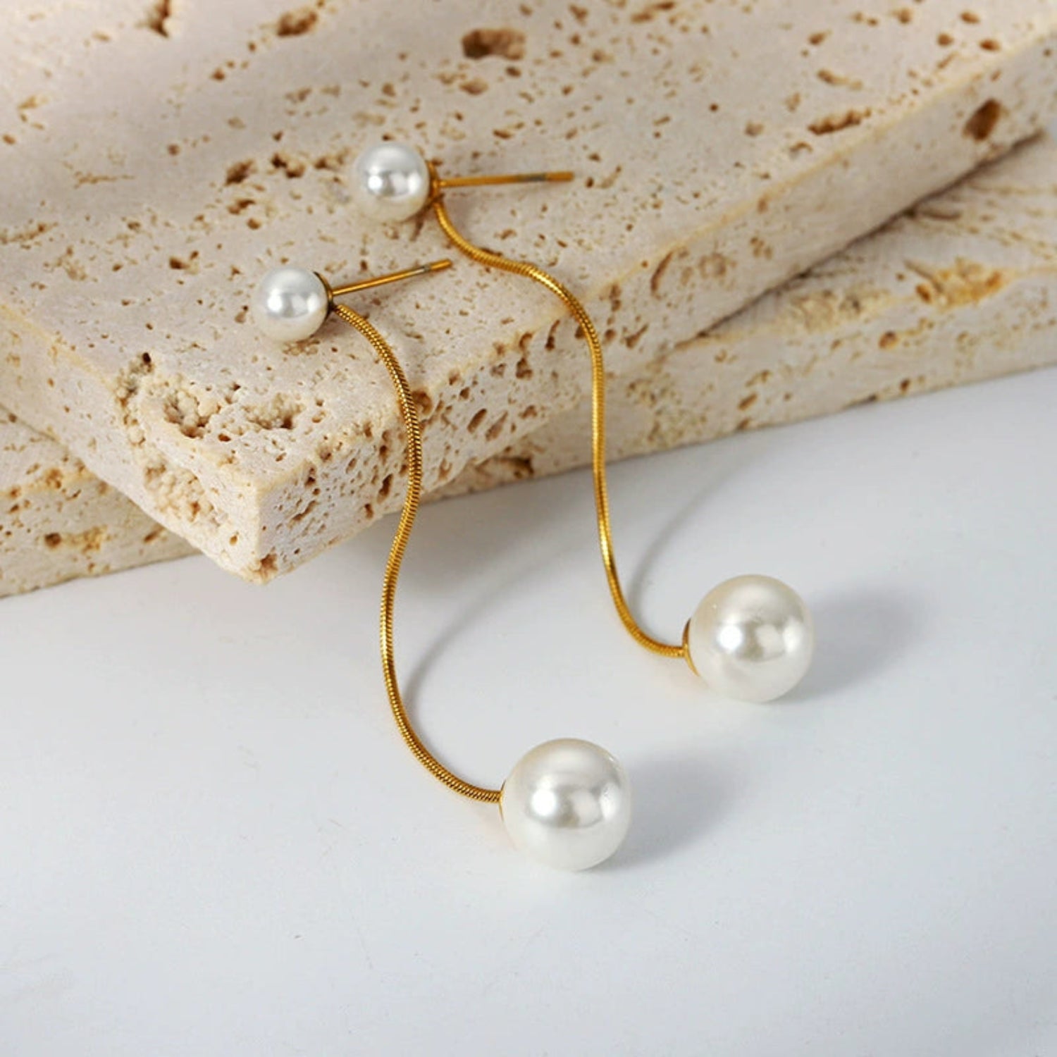 Gold Double Pearl Drop Studs JLT13619