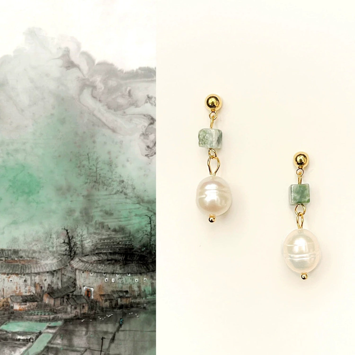 Pearl and Jade Dangle Earrings JLT13625