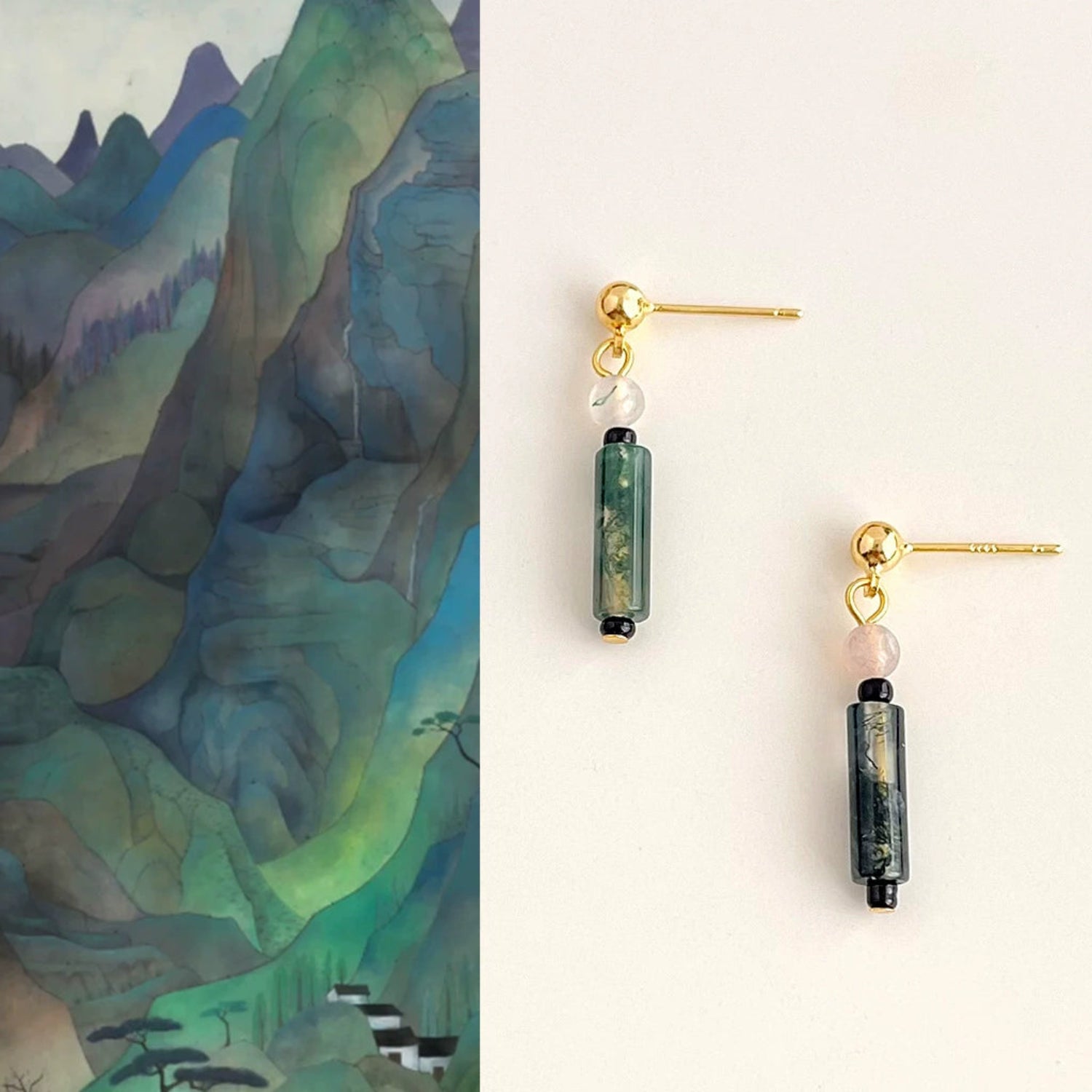 Moss Agate Cylinder Dangle Studs Earrings JLT13626