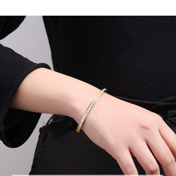 Just lil things-Crystal Inlay Sleek Gold-Tone Bangle – Minimal Elegance for Everyday Wear-Bracelets