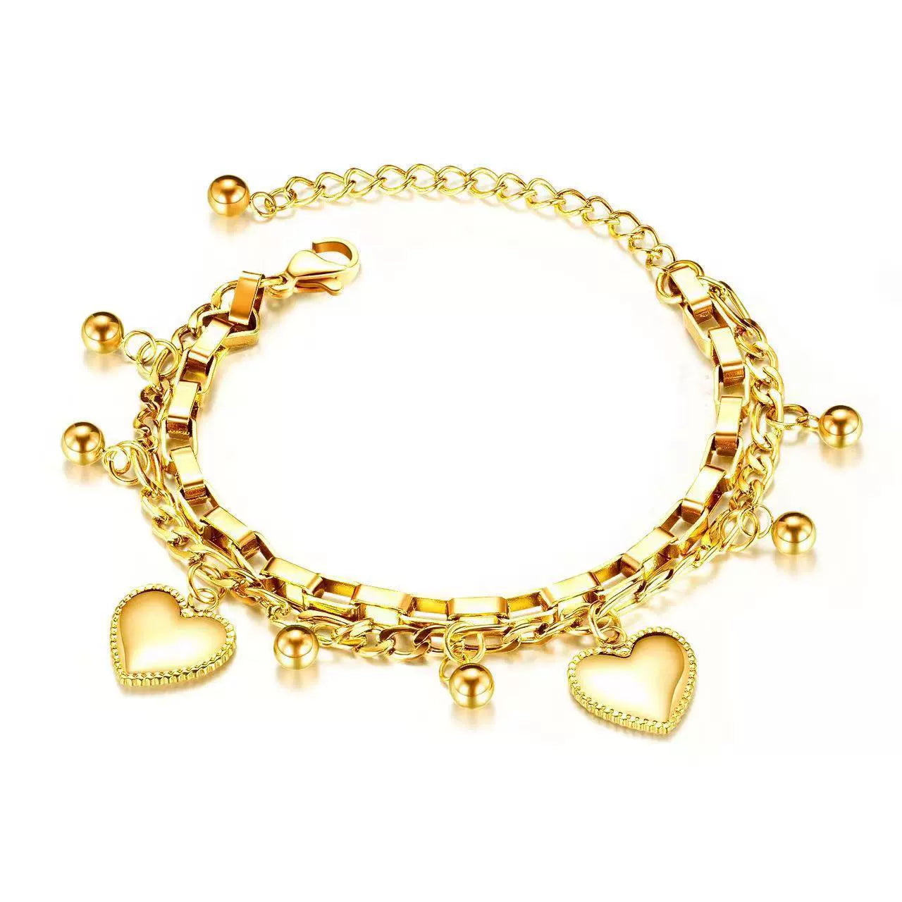 Just Lil Things Artificial Golden Heart Charm Bracelet & Link Chain Duo – Elegant Layered Set    Bracelets